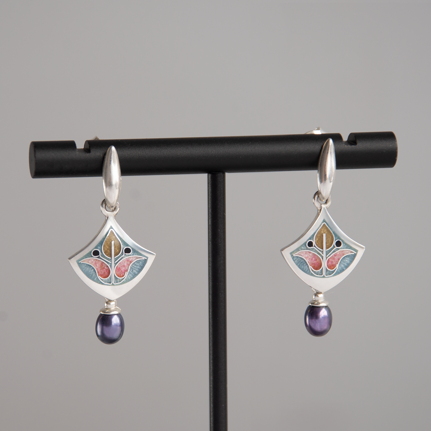 Dangle Rhombus Cloisonne Enamel Earrings With Peacock Pearls