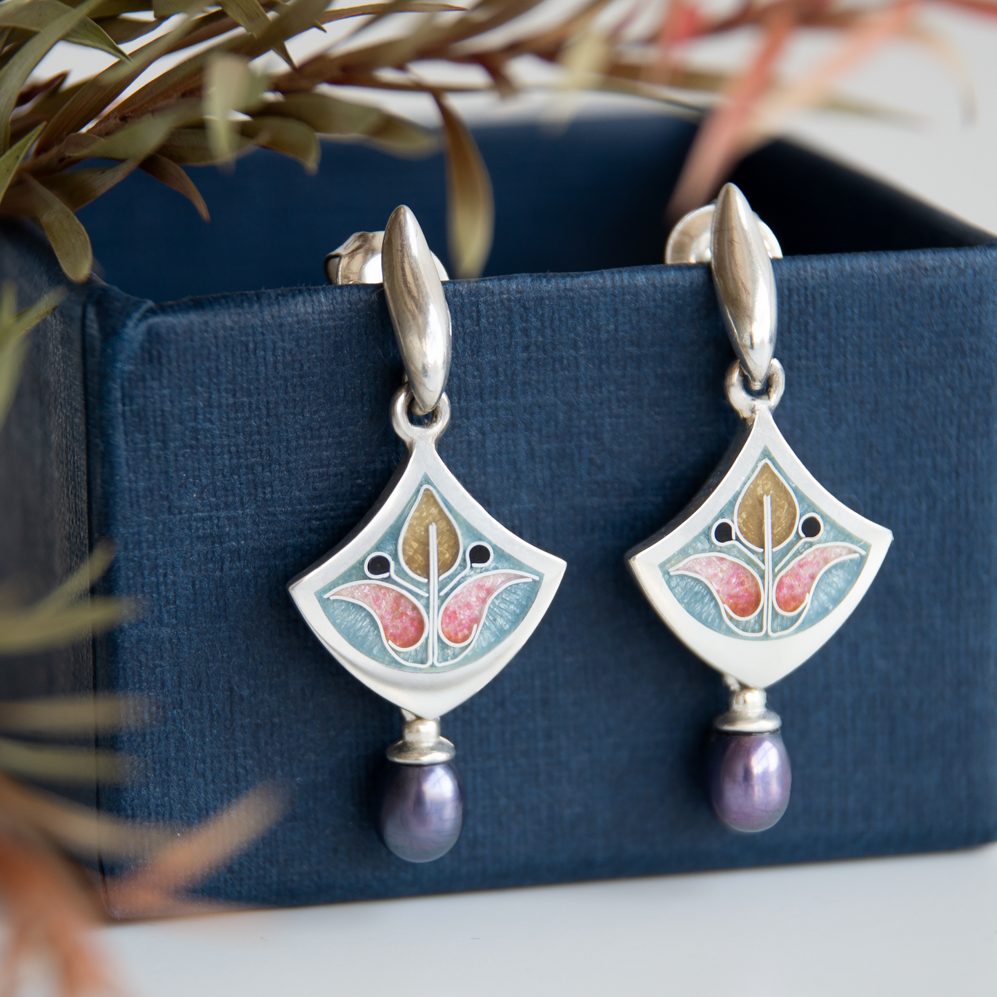 Dangle Rhombus Cloisonne Enamel Earrings With Peacock Pearls