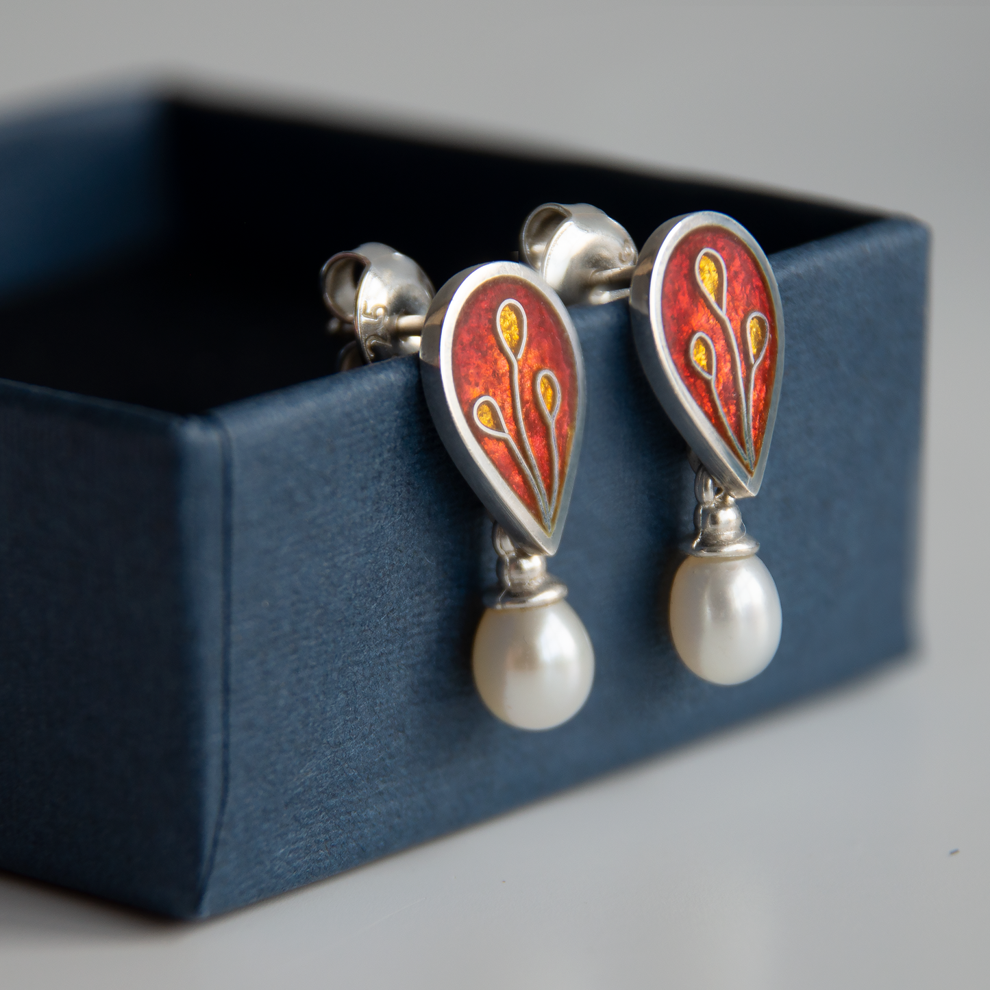Red Cloisonné Enamel Drops With White Pearls