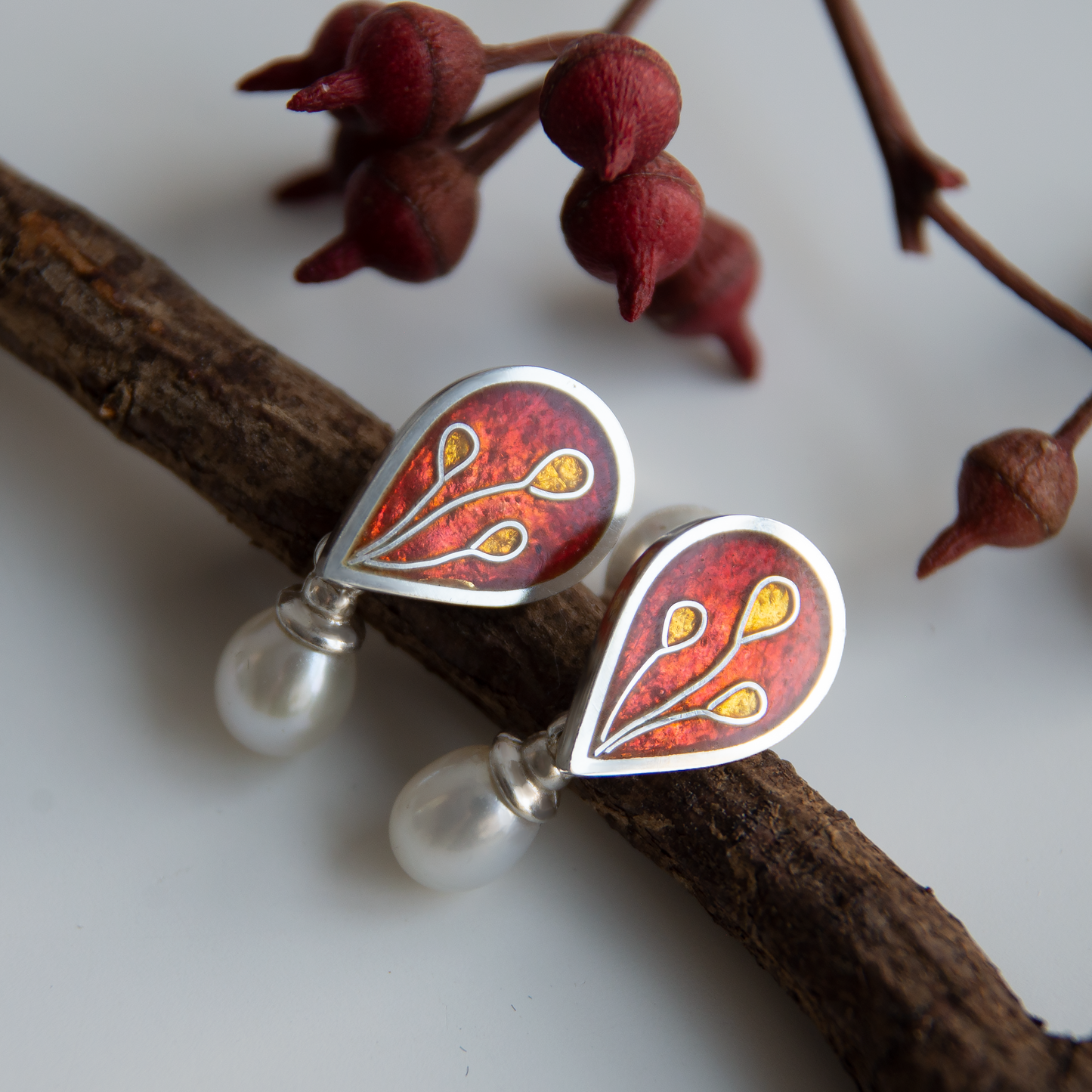 Red Cloisonné Enamel Drops With White Pearls
