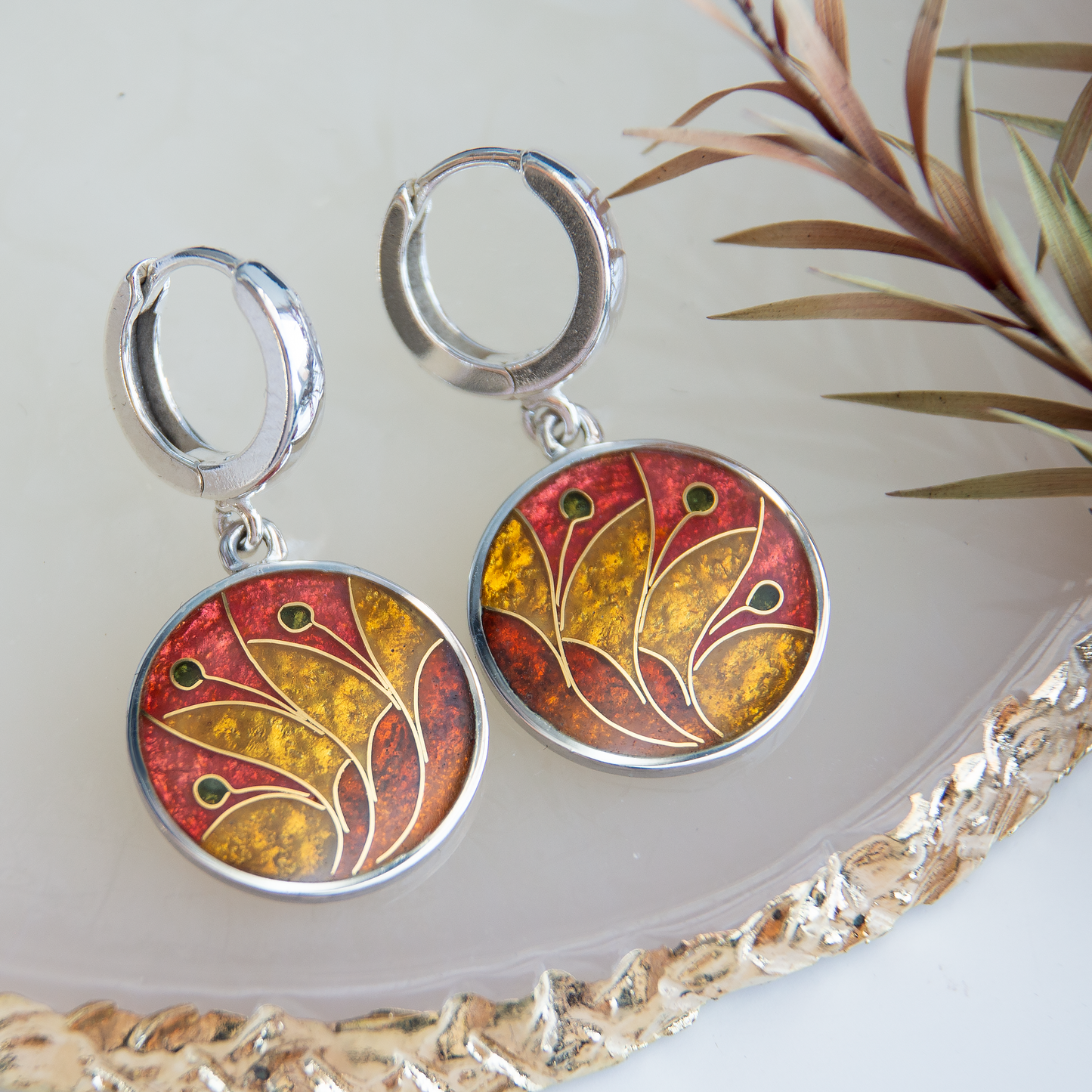 Fall Foliage Gold, Cloisonné  Enamel, Red, Round  Earrings