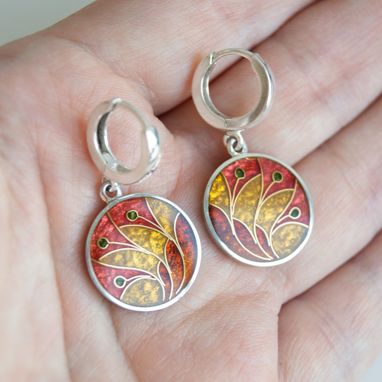 Fall Foliage Gold, Cloisonné  Enamel, Red, Round  Earrings
