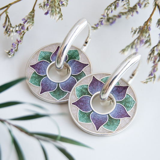 Rotating Floral Cloisonné Enamel, Silver Earrings Glory-Of-The-Snow