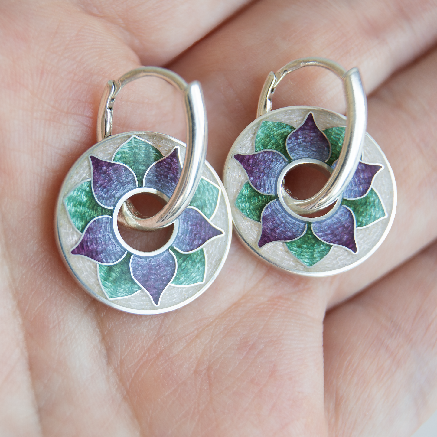 Rotating Floral Cloisonné Enamel, Silver Earrings "Glory-Of-The-Snow"