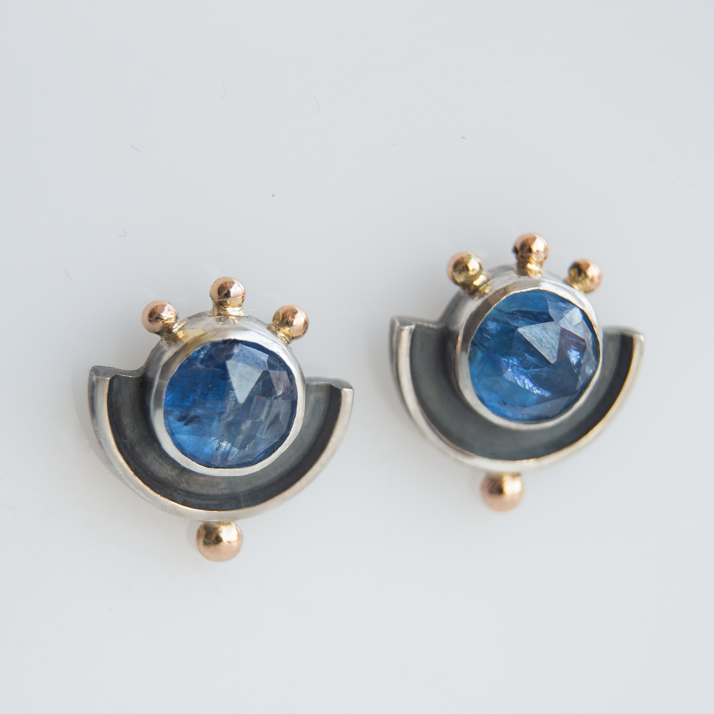 Kyanite Stone, Semicircle, Minimalistic Earrings With 14k Gold Beads