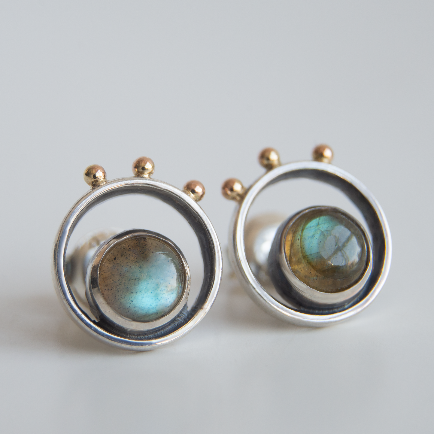 Labradorite Frame Earrings With Gold Beads