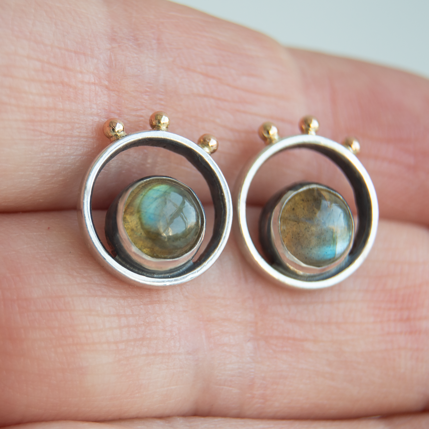 Labradorite Frame Earrings With Gold Beads