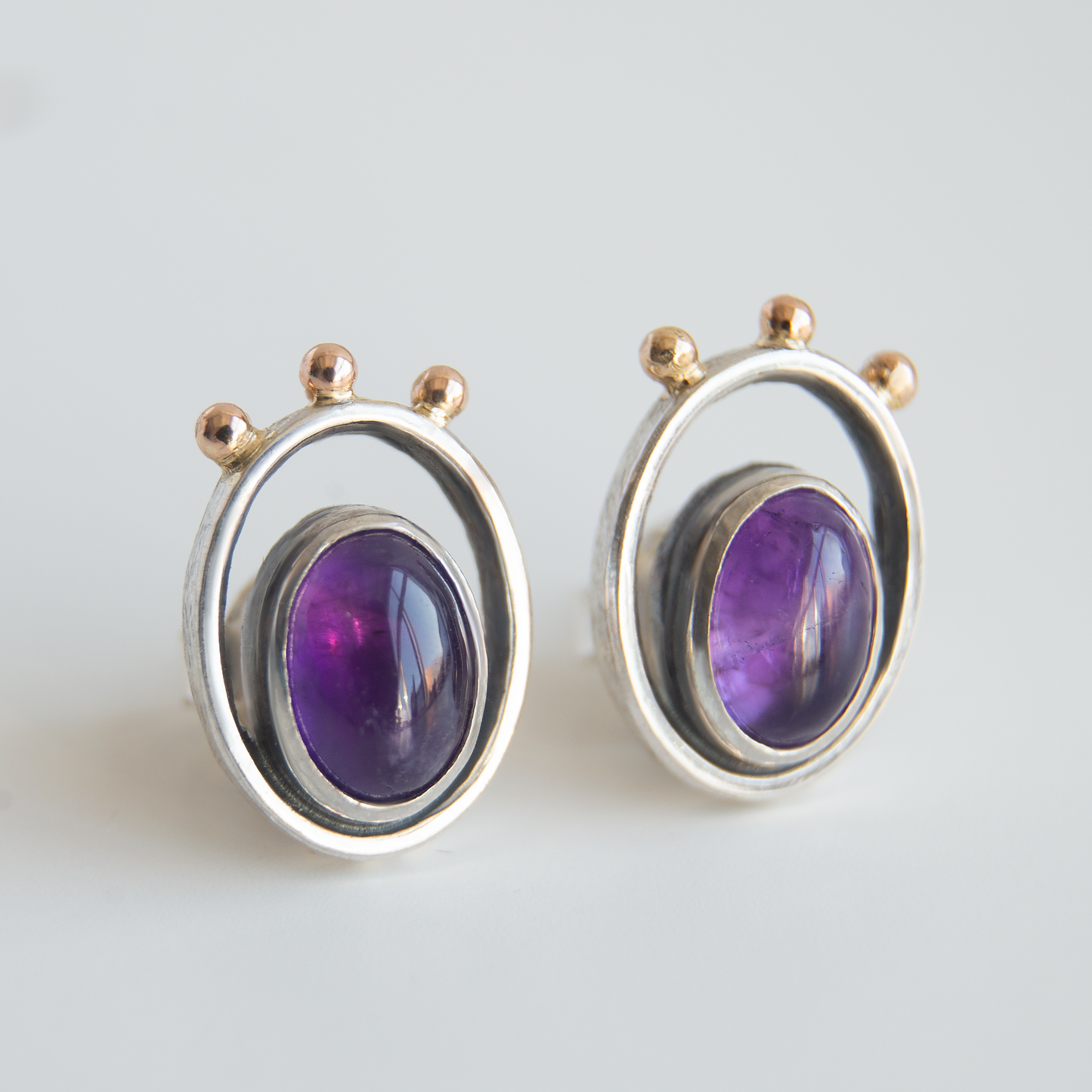 Amethyst Stone, Sterling Silver Minimalistic Earrings With 14K Gold Beads