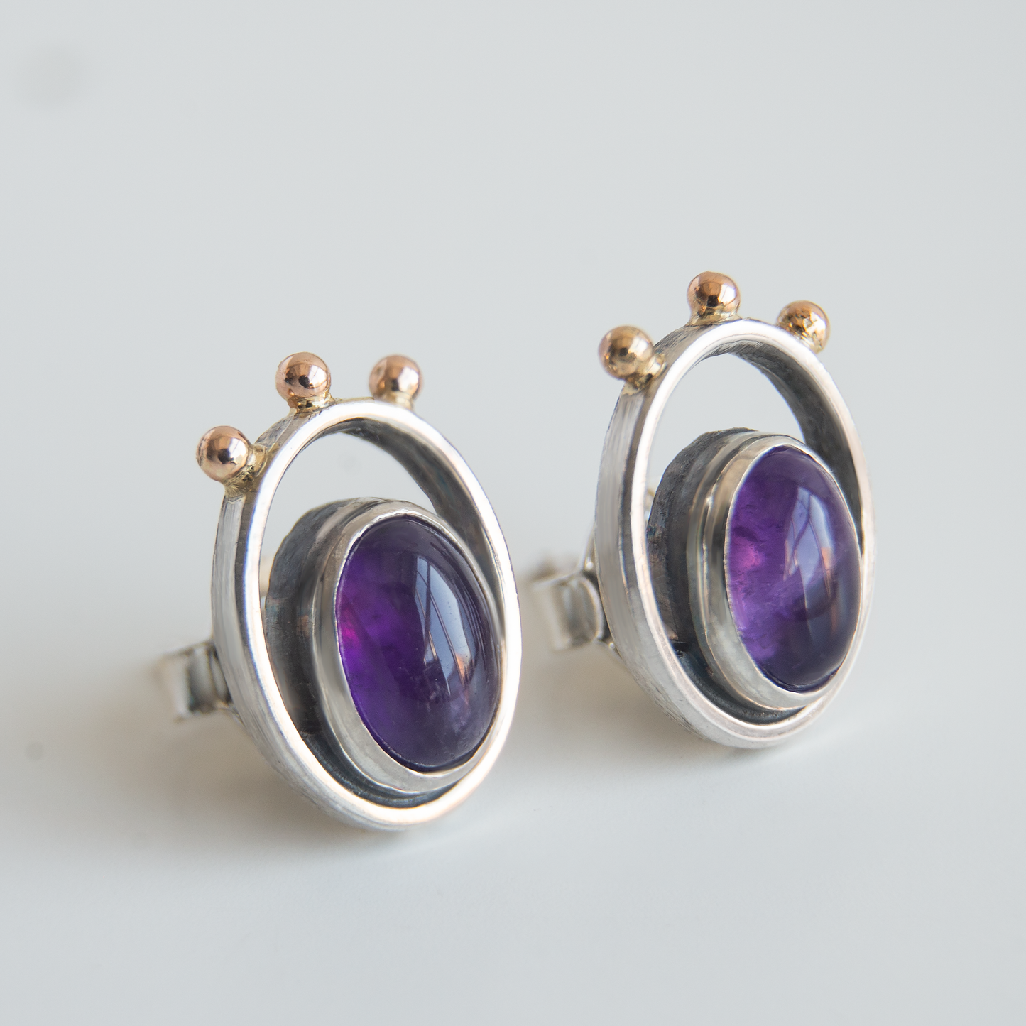 Amethyst Stone, Sterling Silver Minimalistic Earrings With 14K Gold Beads