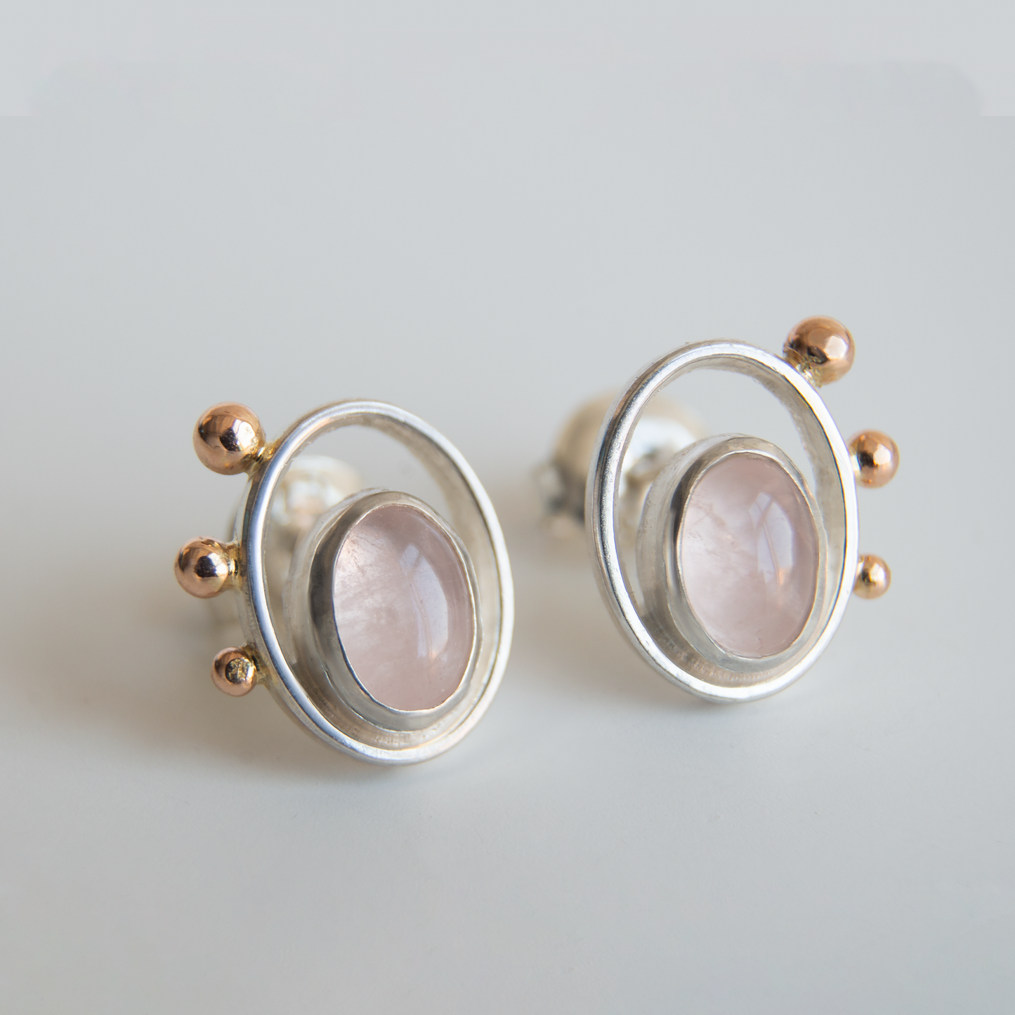 Rose Quartz Frame Earrings With Gold Beads