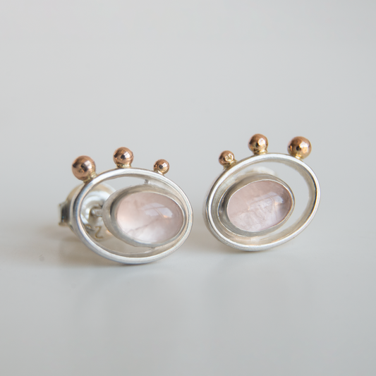 Rose Quartz Frame Earrings With Gold Beads
