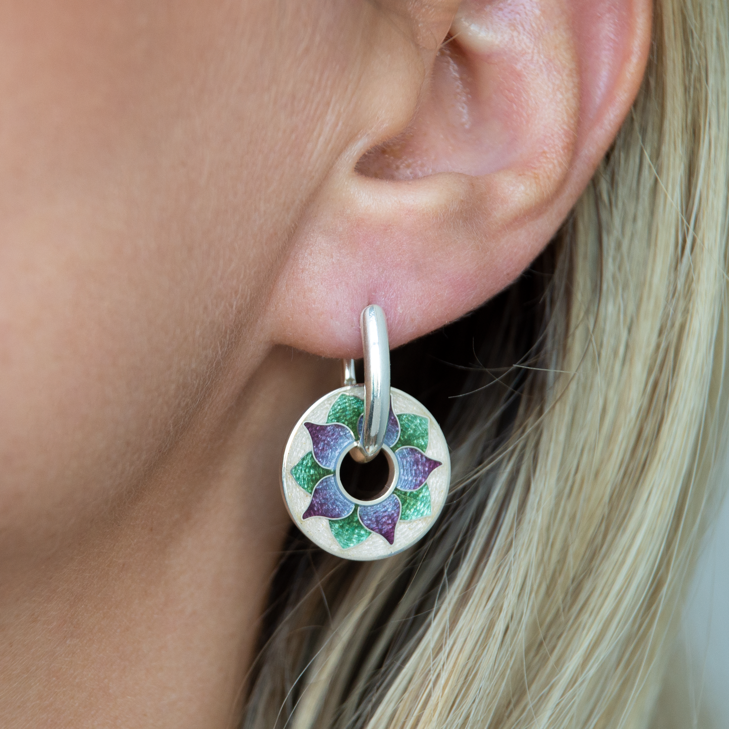 Rotating Floral Cloisonné Enamel, Silver Earrings "Glory-Of-The-Snow"