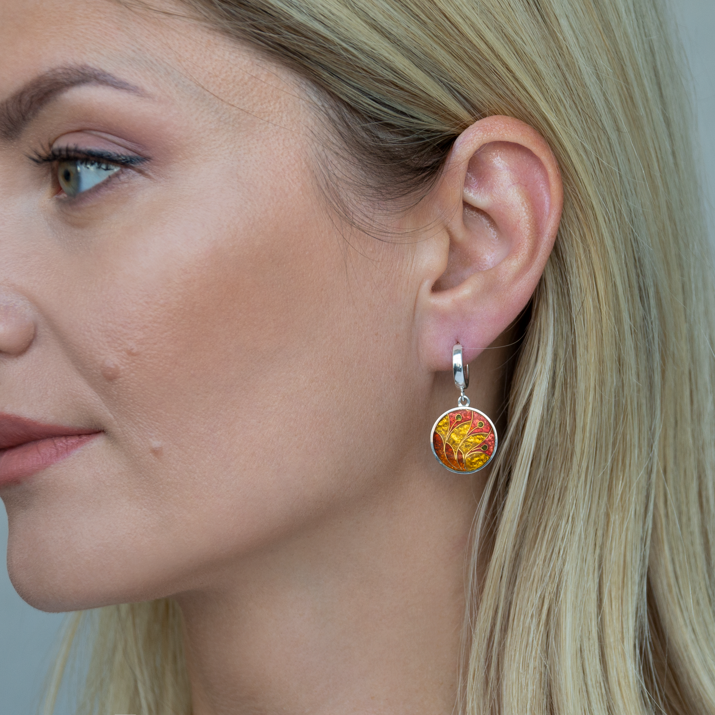 Fall Foliage Gold, Cloisonné  Enamel, Red, Round  Earrings