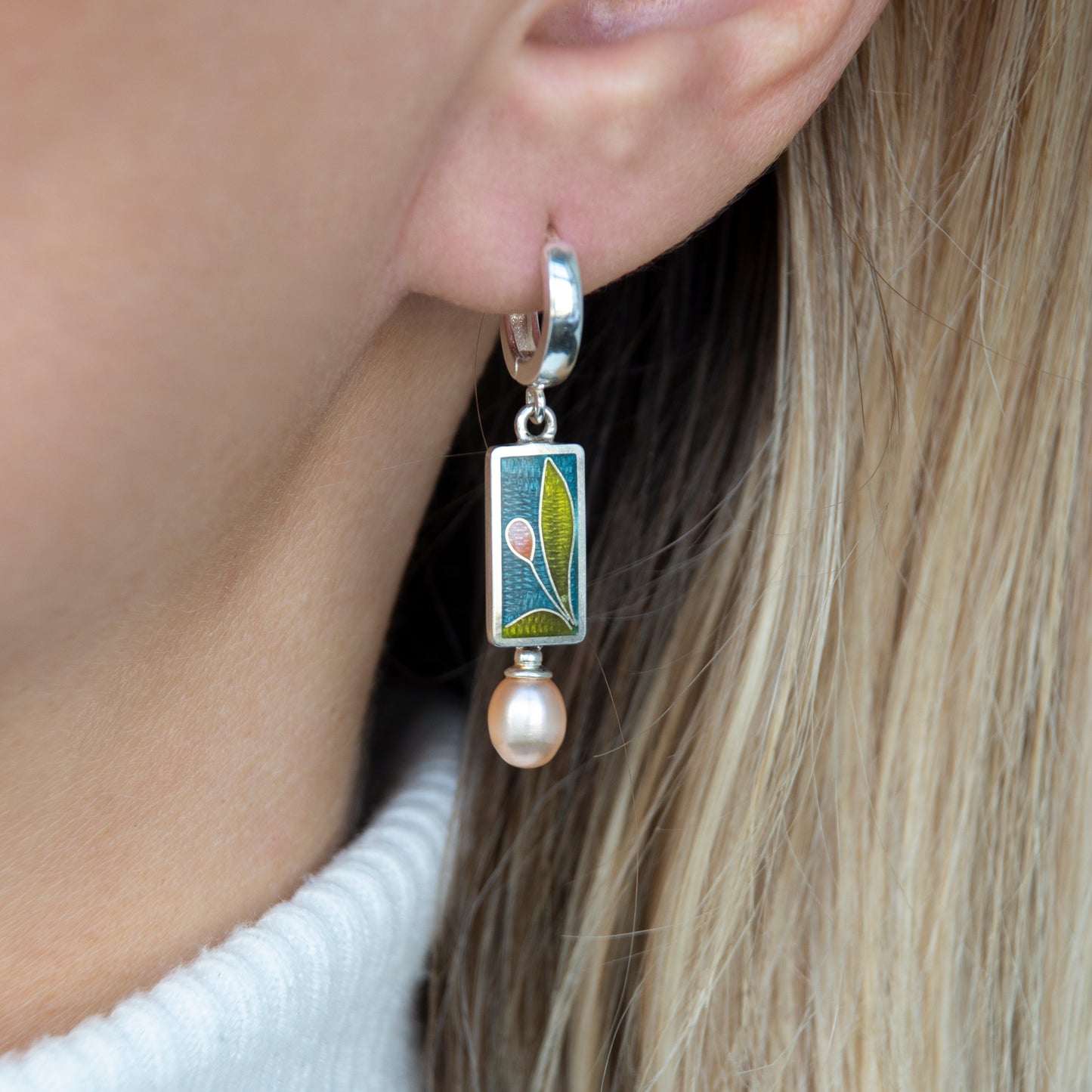 Romantic Cloisonné Enamel, Silver and Rose Pearl Earrings "Tulips"