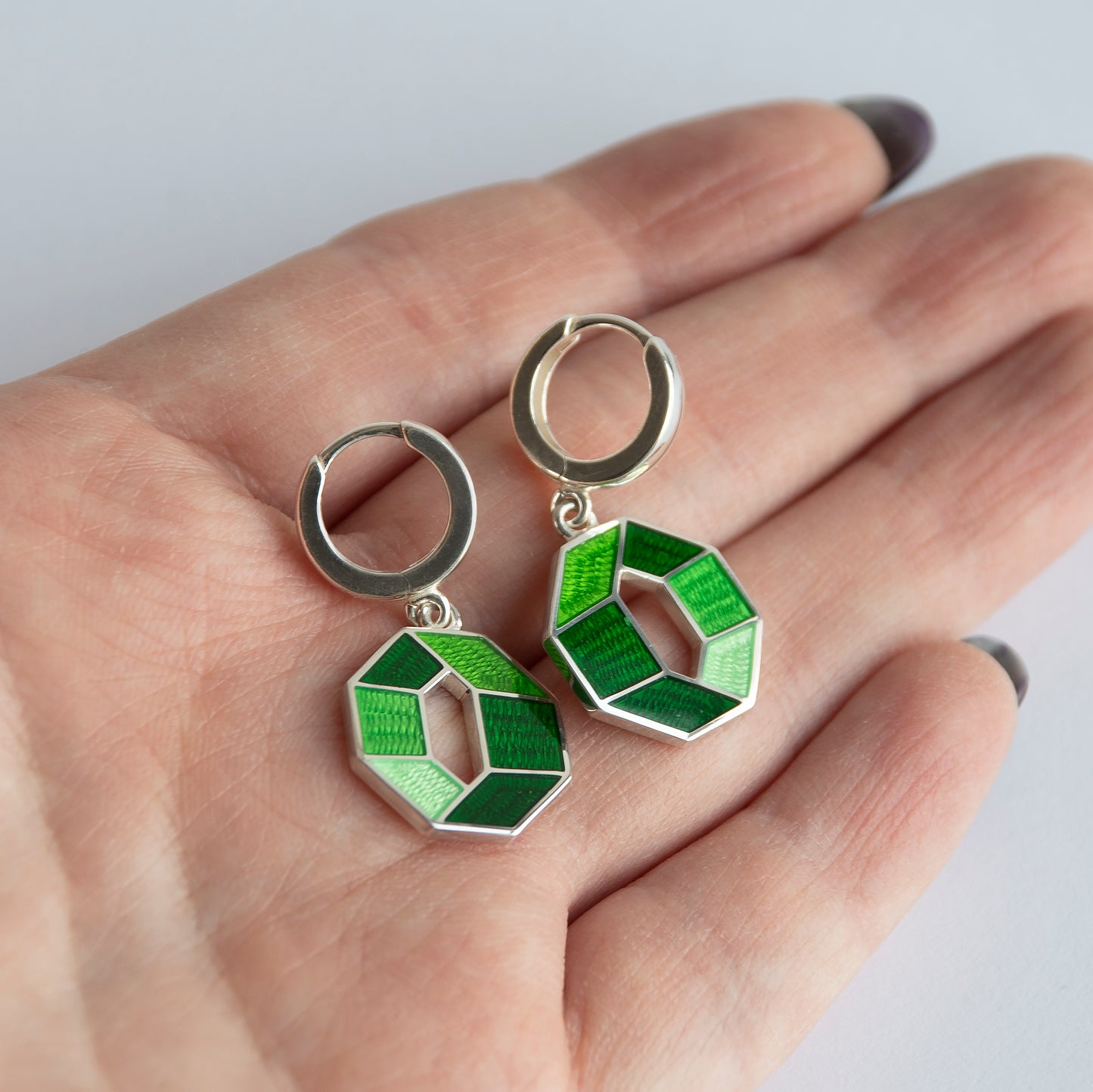 Green Octagon, Cloisonné  Enamel Earrings