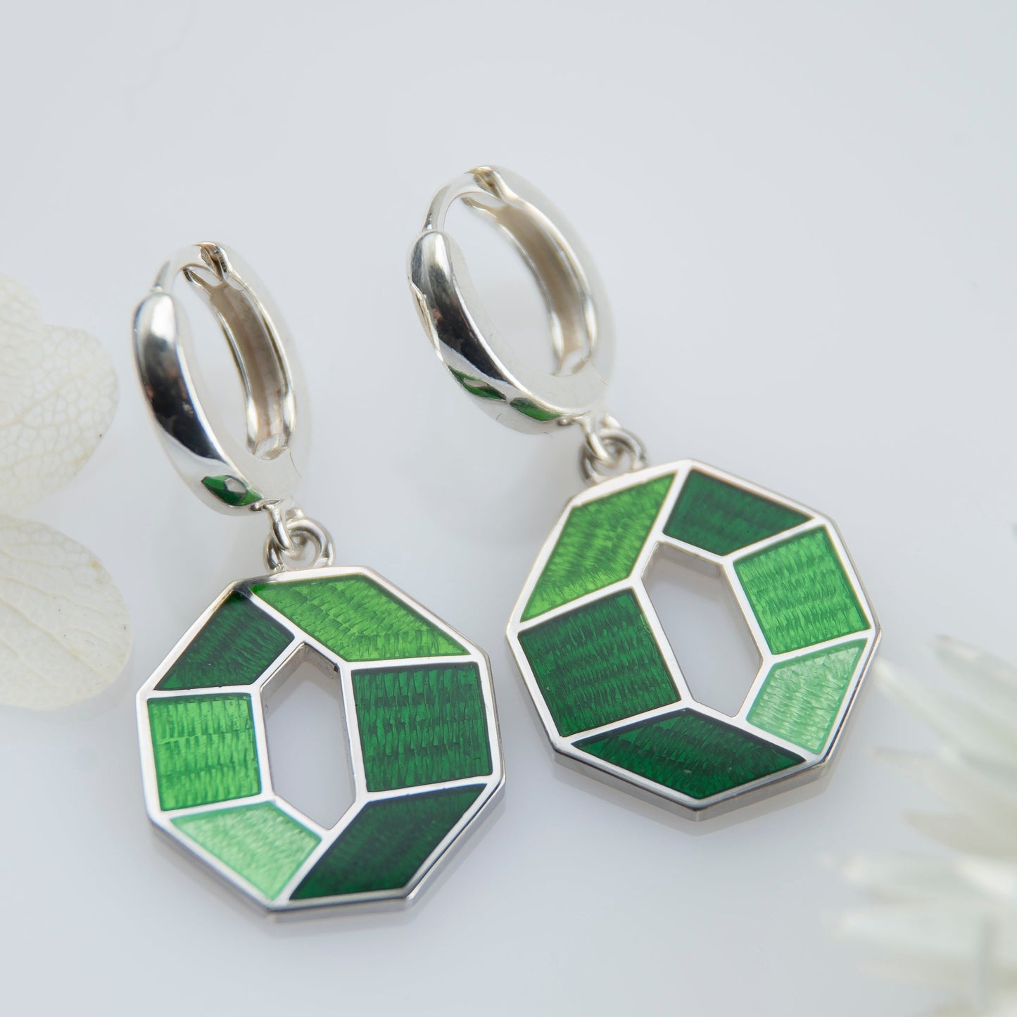 Green Octagon, Cloisonné  Enamel Earrings