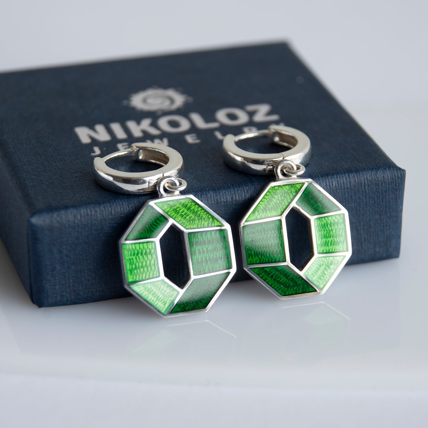 Green Octagon, Cloisonné  Enamel Earrings