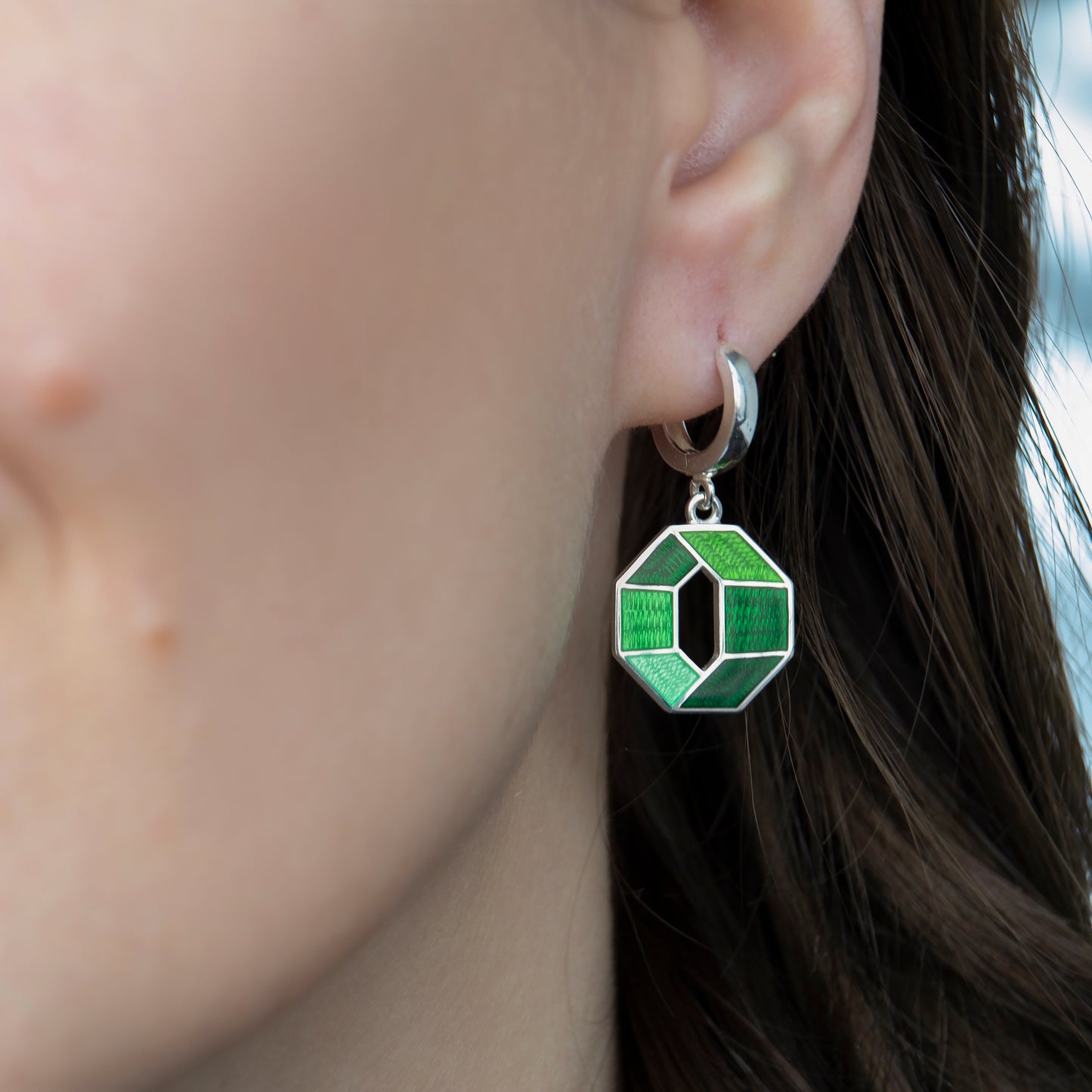 Green Octagon, Cloisonné  Enamel Earrings
