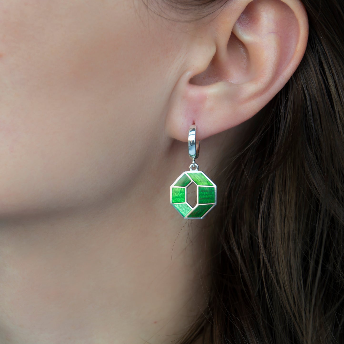 Green Octagon, Cloisonné  Enamel Earrings