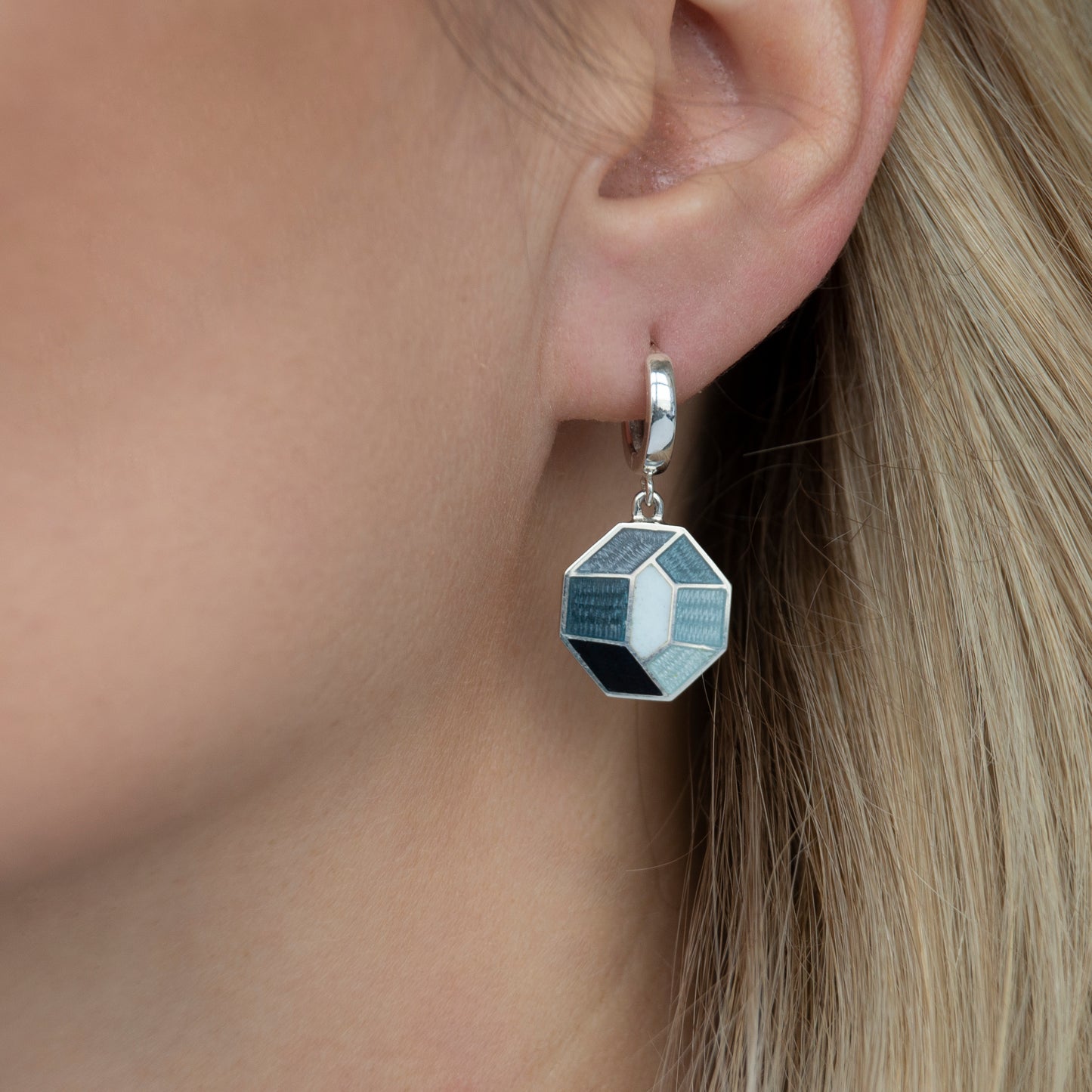 Grey Octagon Cloisonné Enamel and Sterling Silver Earrings