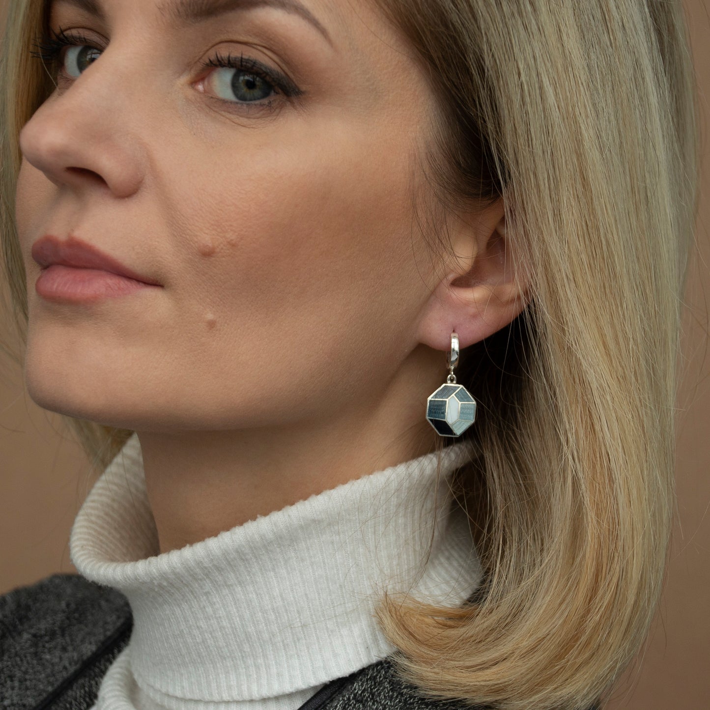 Grey Octagon Cloisonné Enamel and Sterling Silver Earrings