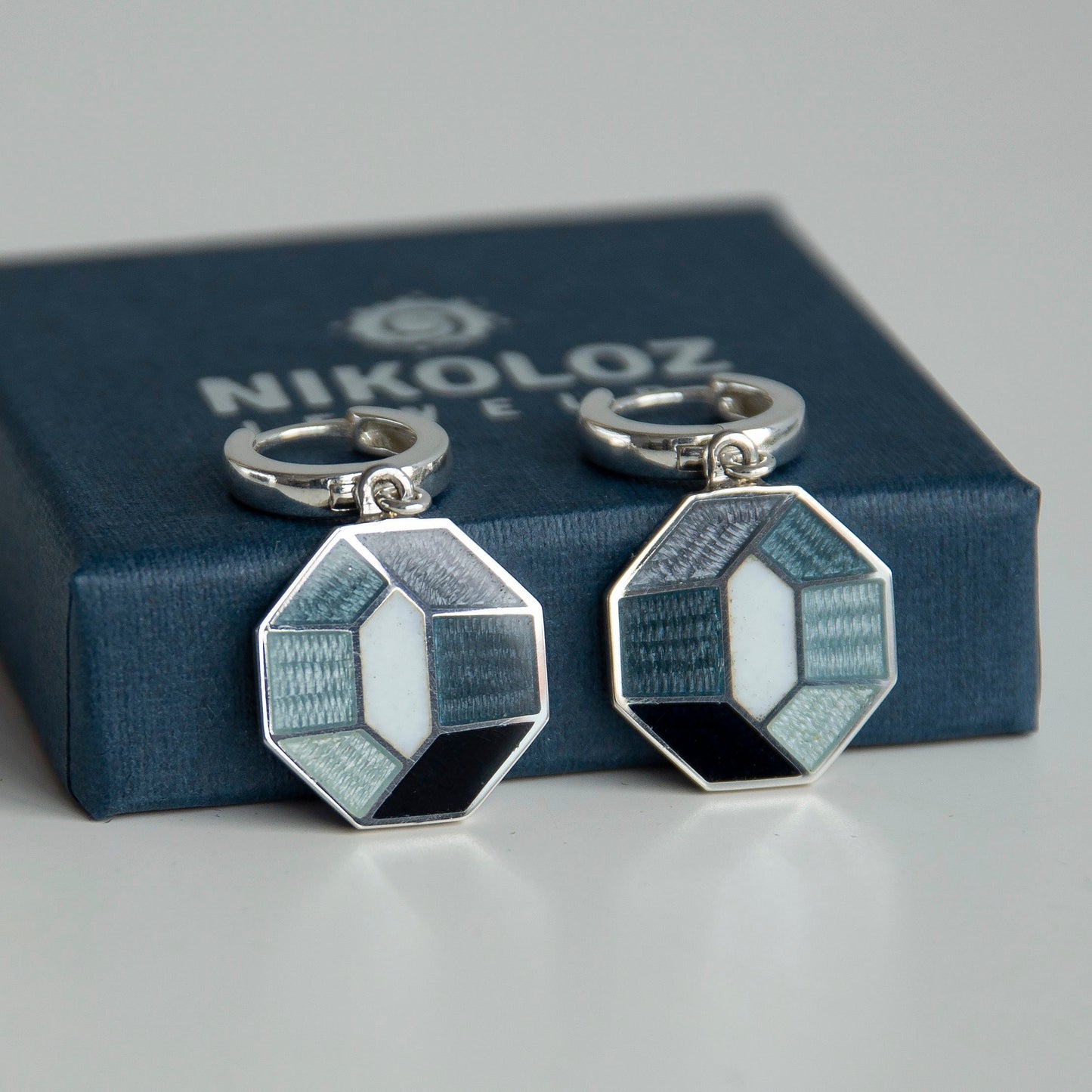 Grey Octagon Cloisonné Enamel and Sterling Silver Earrings
