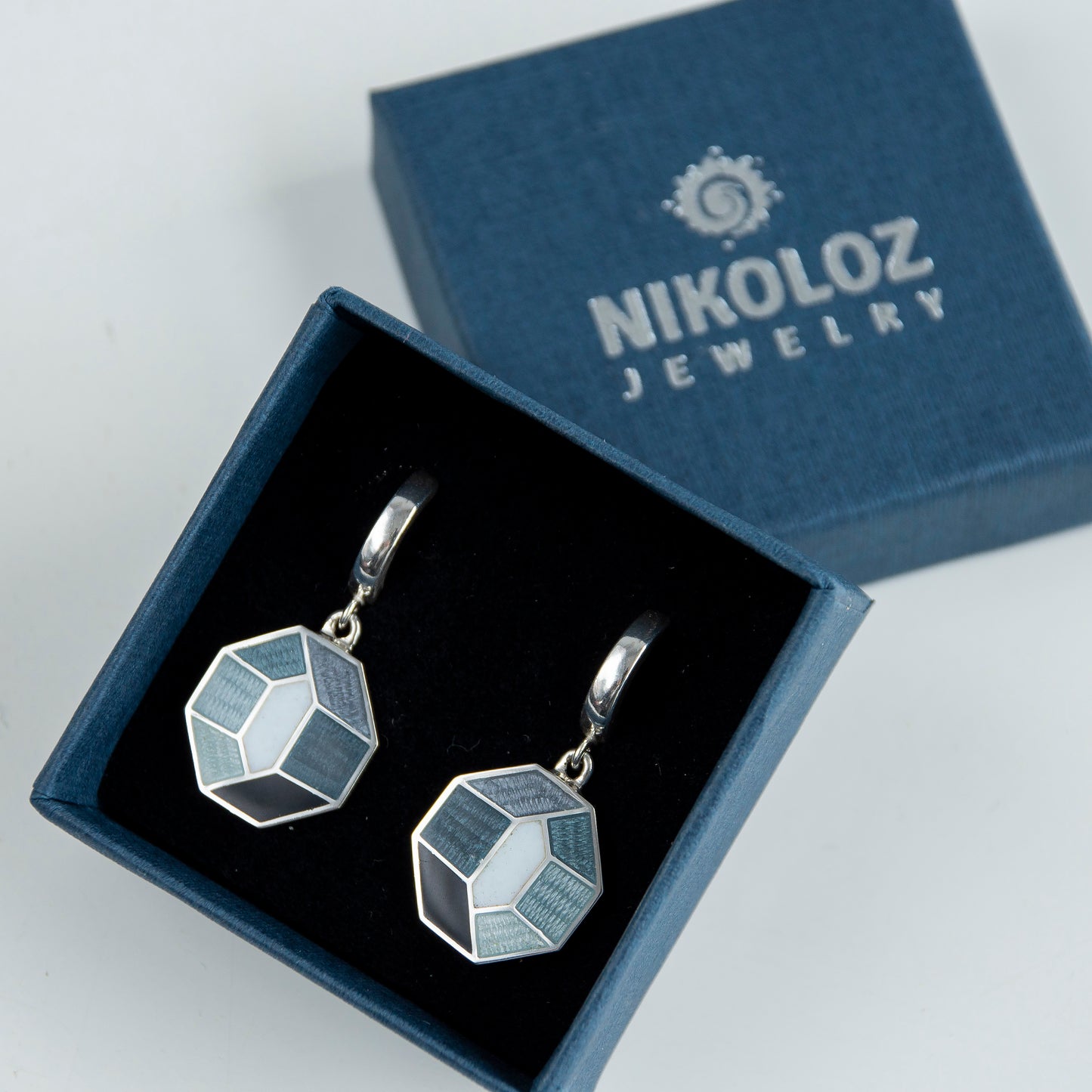 Grey Octagon Cloisonné Enamel and Sterling Silver Earrings