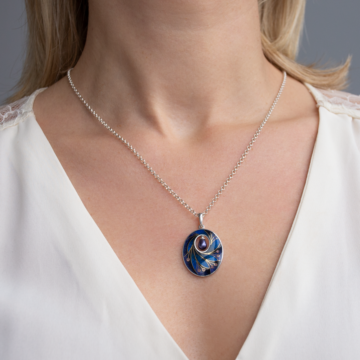 Dark Cloisonné Enamel Necklace-Pendant  With Gold Pattern
