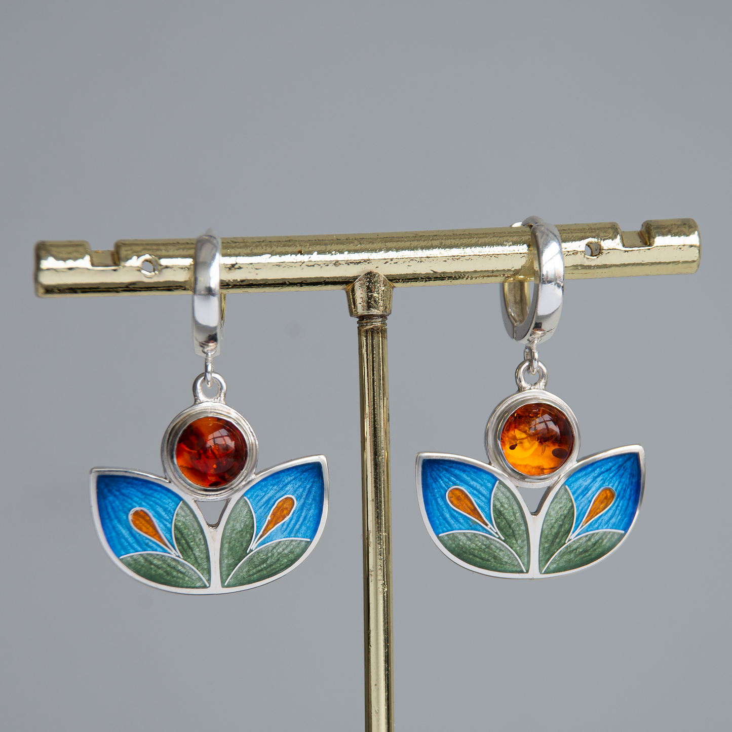 Cloisonné Enamel and Baltic Amber Stone Earrings ,"Fern Flower"