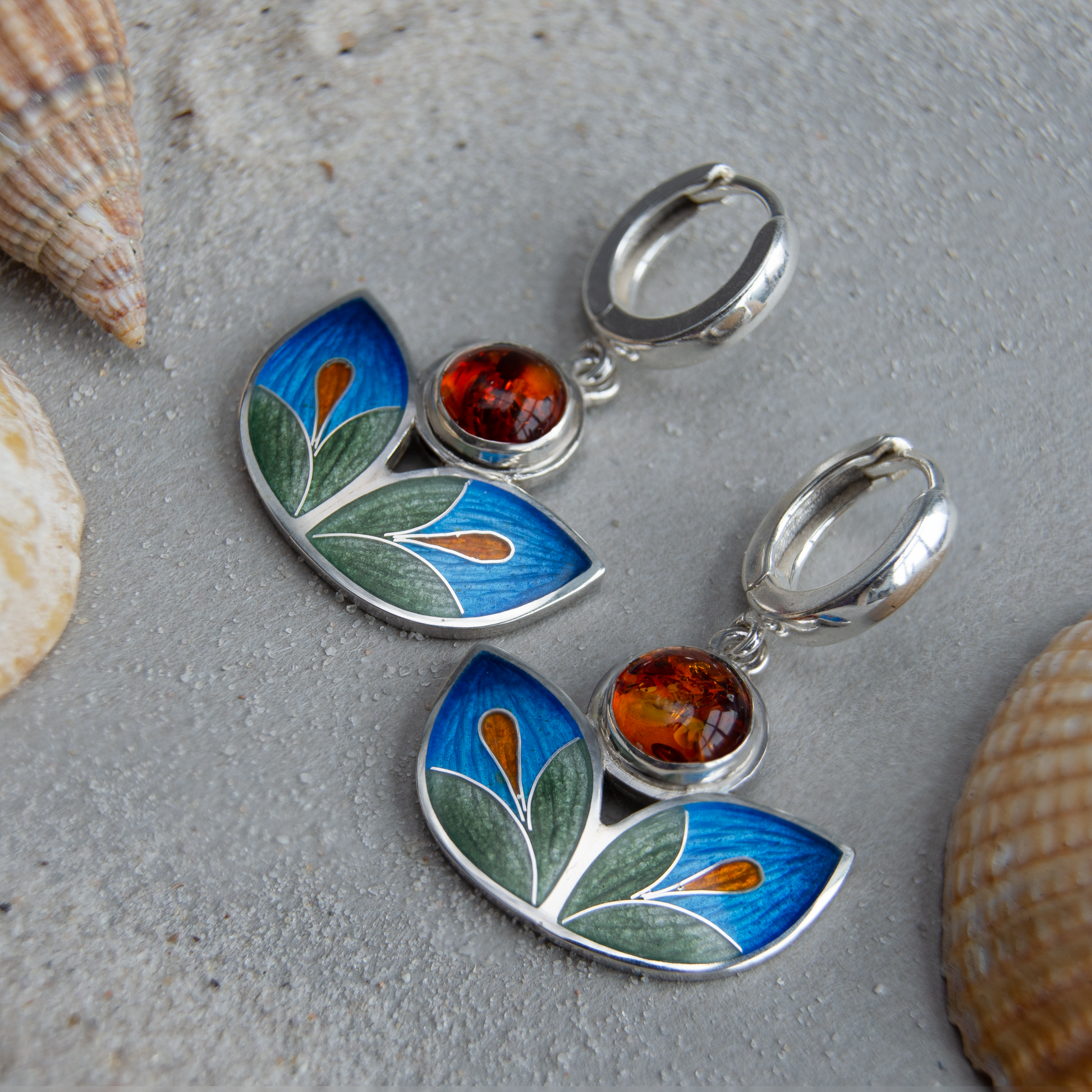 Cloisonn Enamel and Baltic Amber Stone Earrings
