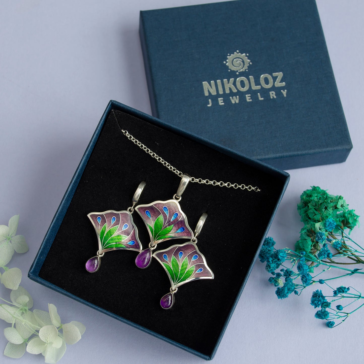 Flower Bouquet Jewelry Set, Cloisonne Enamel Silver Earrings And Necklace With Amethyst