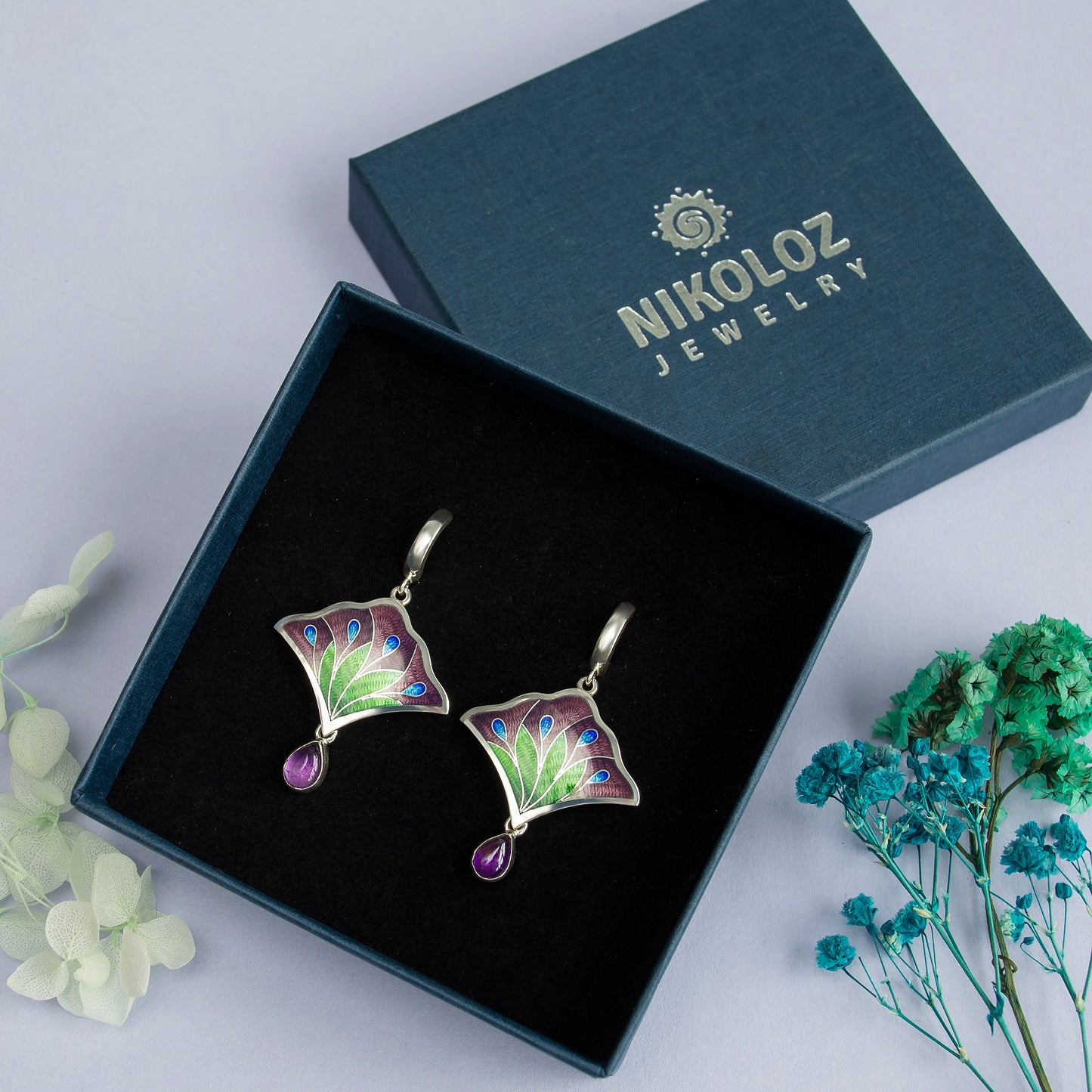 Flower Bouquet Jewelry Set, Cloisonne Enamel Silver Earrings And Necklace With Amethyst