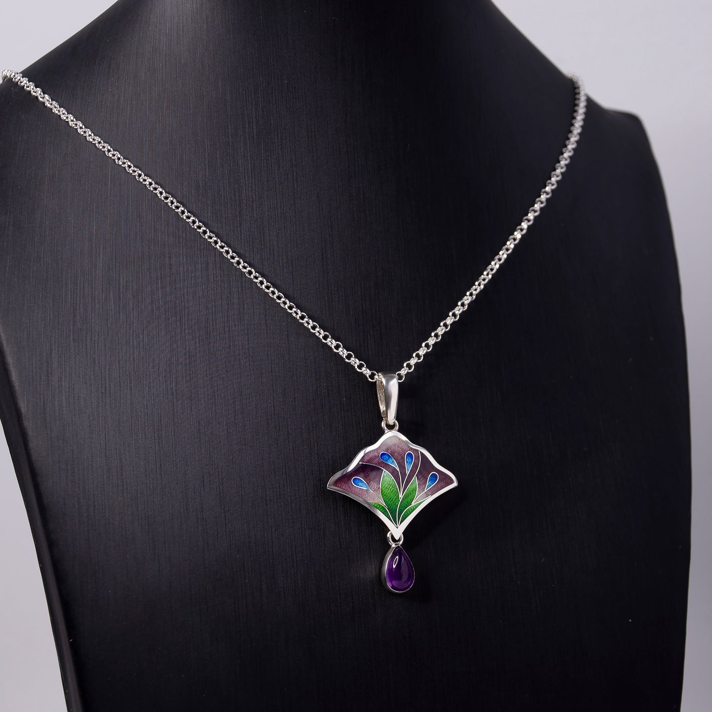 Flower Bouquet Jewelry Set, Cloisonne Enamel Silver Earrings And Necklace With Amethyst