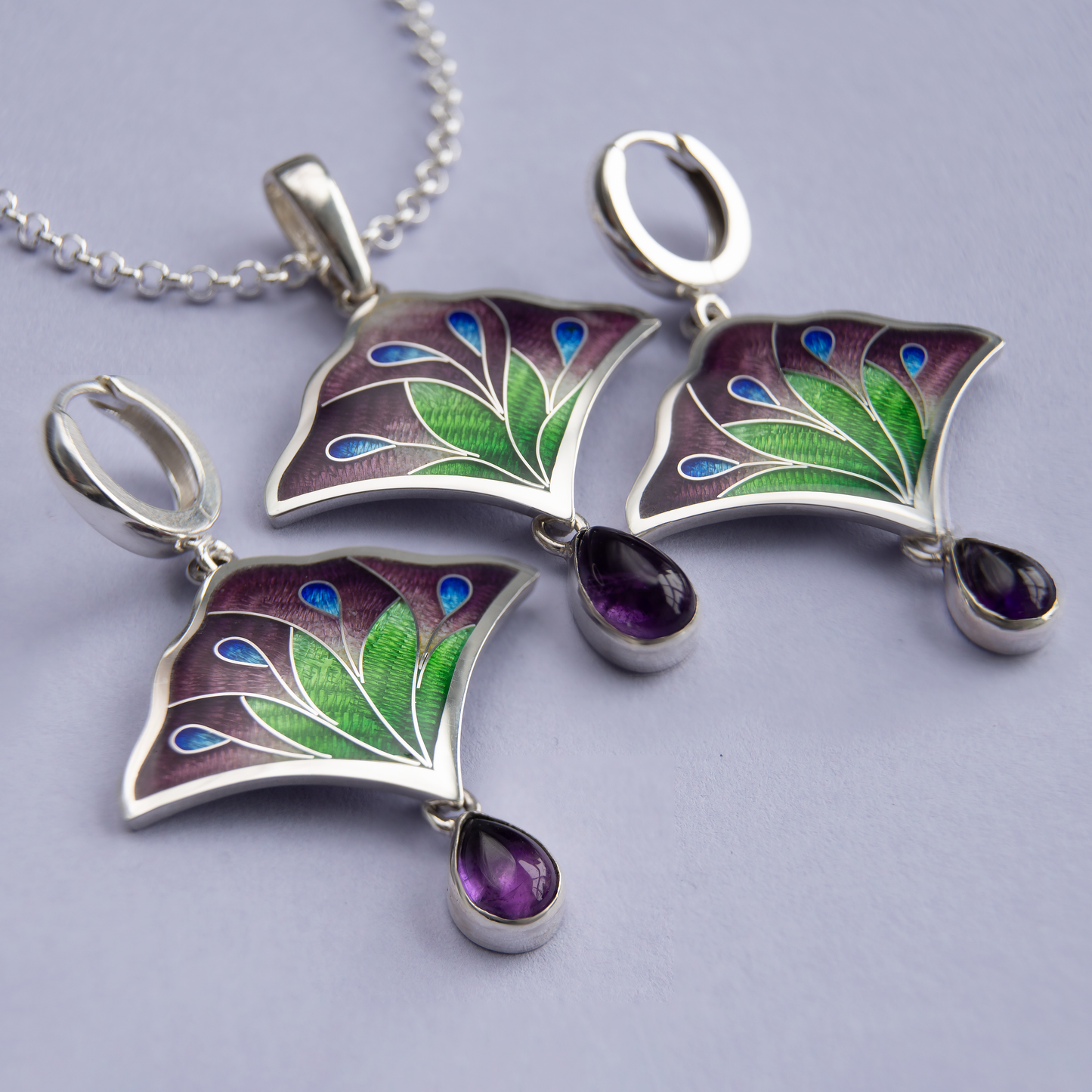 Flower Bouquet Jewelry Set, Cloisonne Enamel Silver Earrings And Necklace With Amethyst