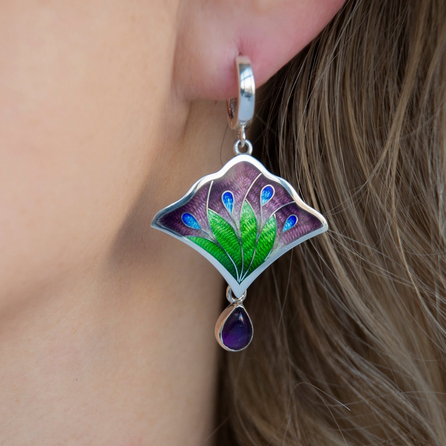 Flower Bouquet Jewelry Set, Cloisonne Enamel Silver Earrings And Necklace With Amethyst