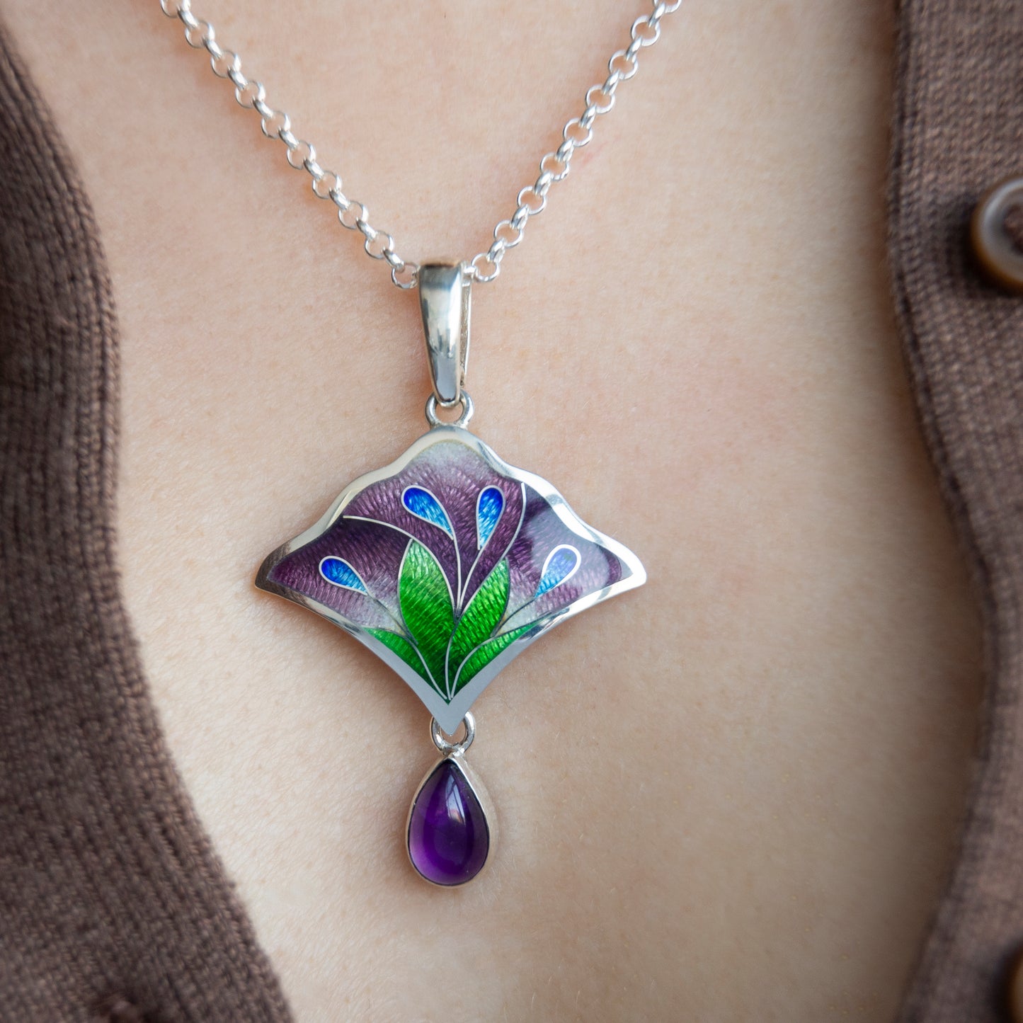 Flower Bouquet Jewelry Set, Cloisonne Enamel Silver Earrings And Necklace With Amethyst