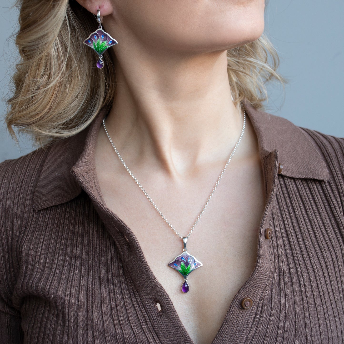 Flower Bouquet Jewelry Set, Cloisonne Enamel Silver Earrings And Necklace With Amethyst