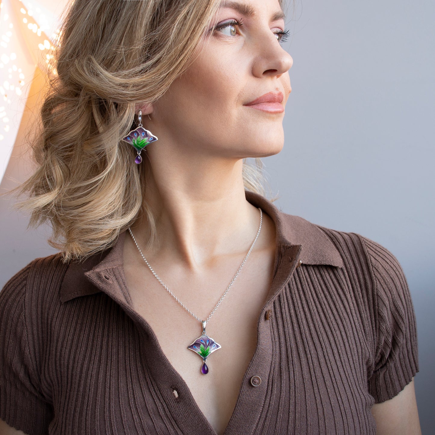 Flower Bouquet Jewelry Set, Cloisonne Enamel Silver Earrings And Necklace With Amethyst