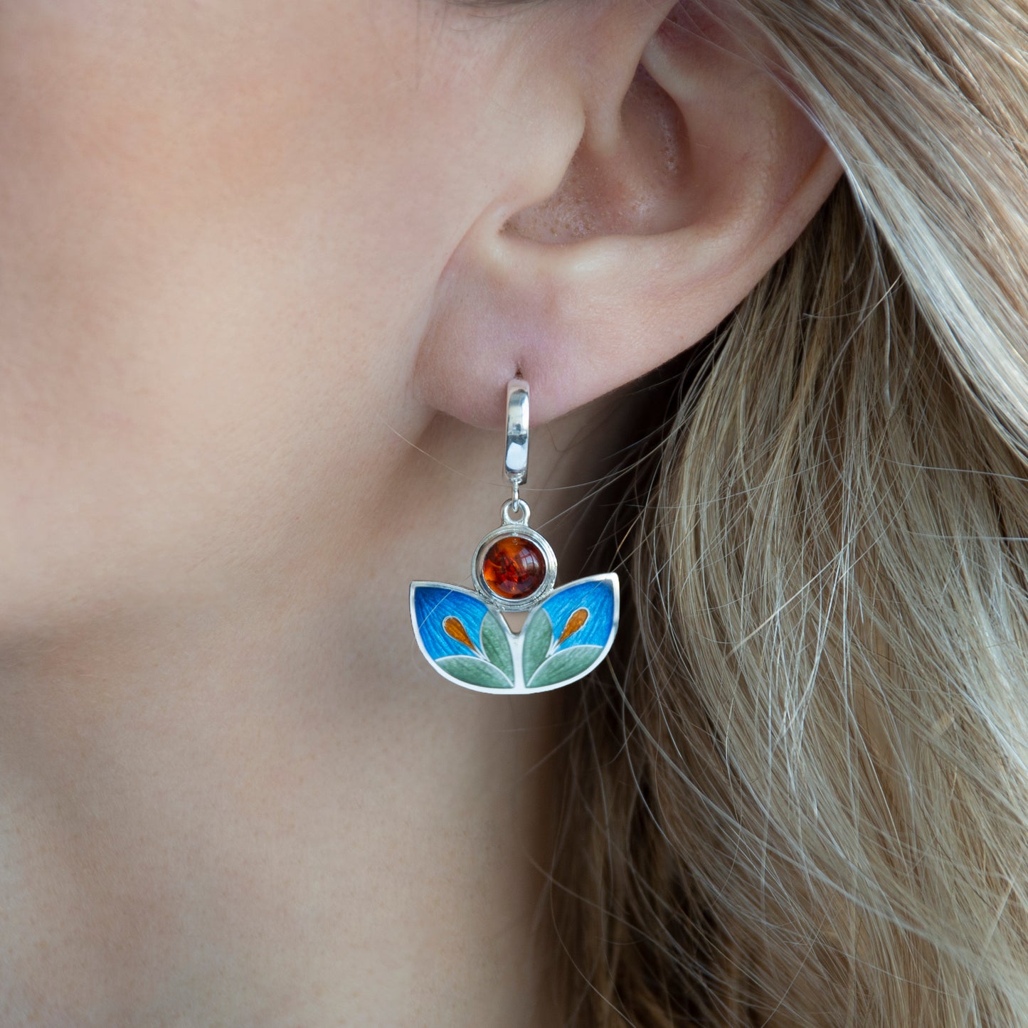 Cloisonné Enamel and Baltic Amber Stone Earrings ,"Fern Flower"