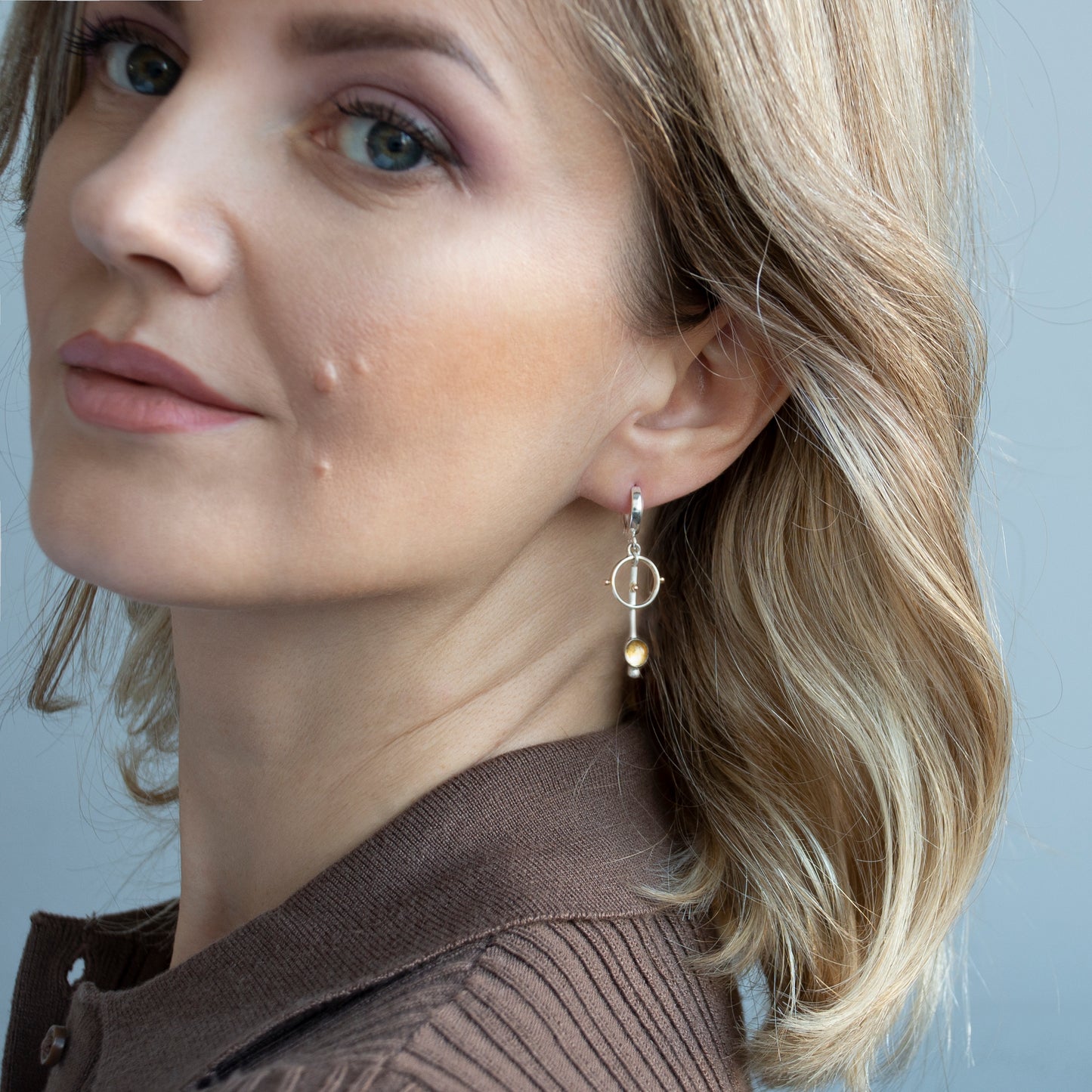 Long Drop Minimalist Earrings With Citrine Stone And Gold Beads