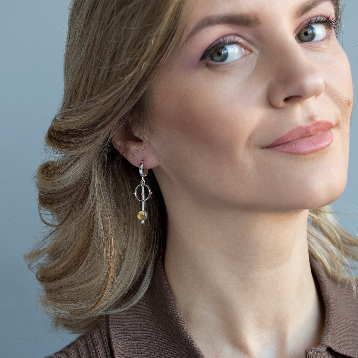 Long Drop Minimalist Earrings With Citrine Stone And Gold Beads