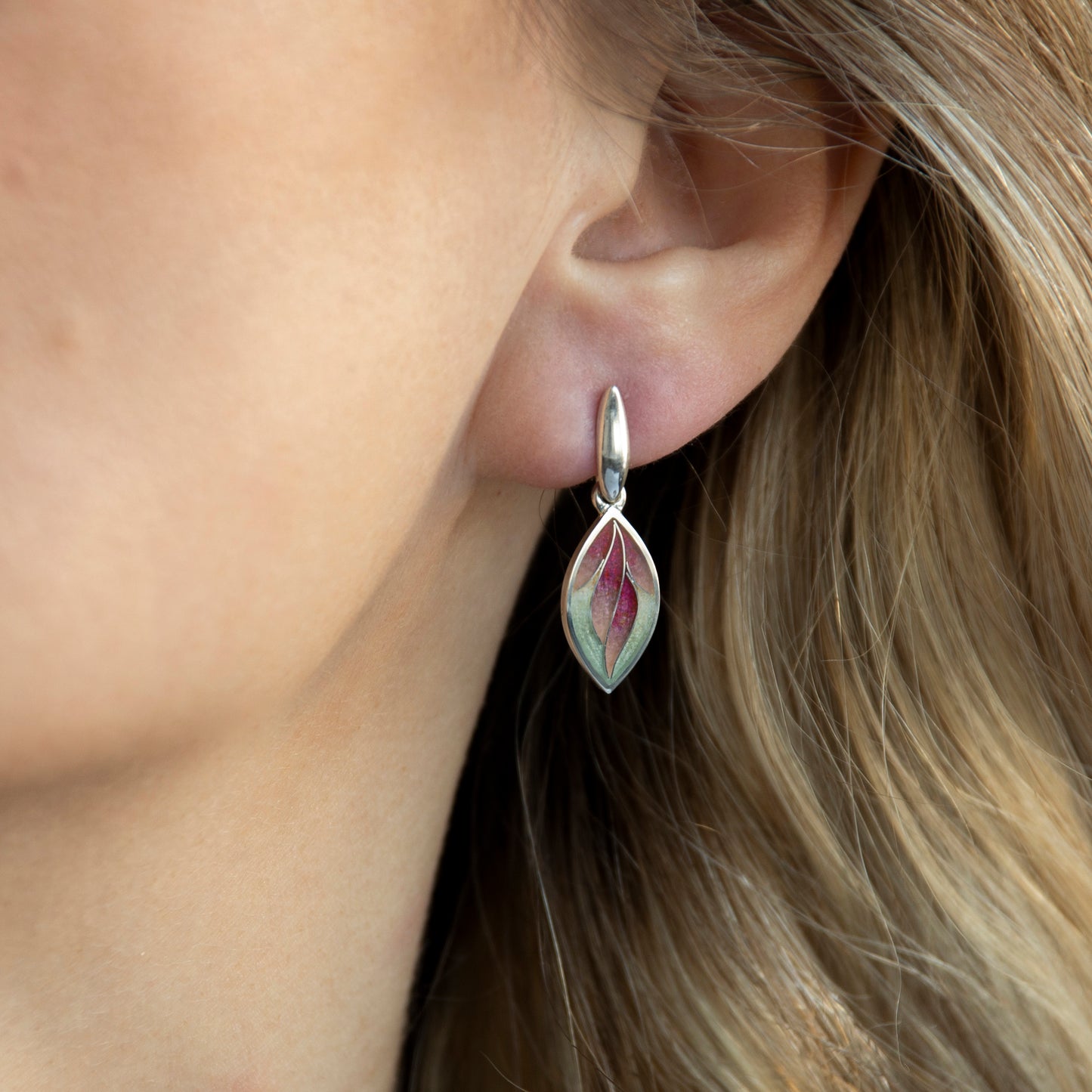 Pink Leaves Cloisonné Enamel and Sterling Silver Earrings