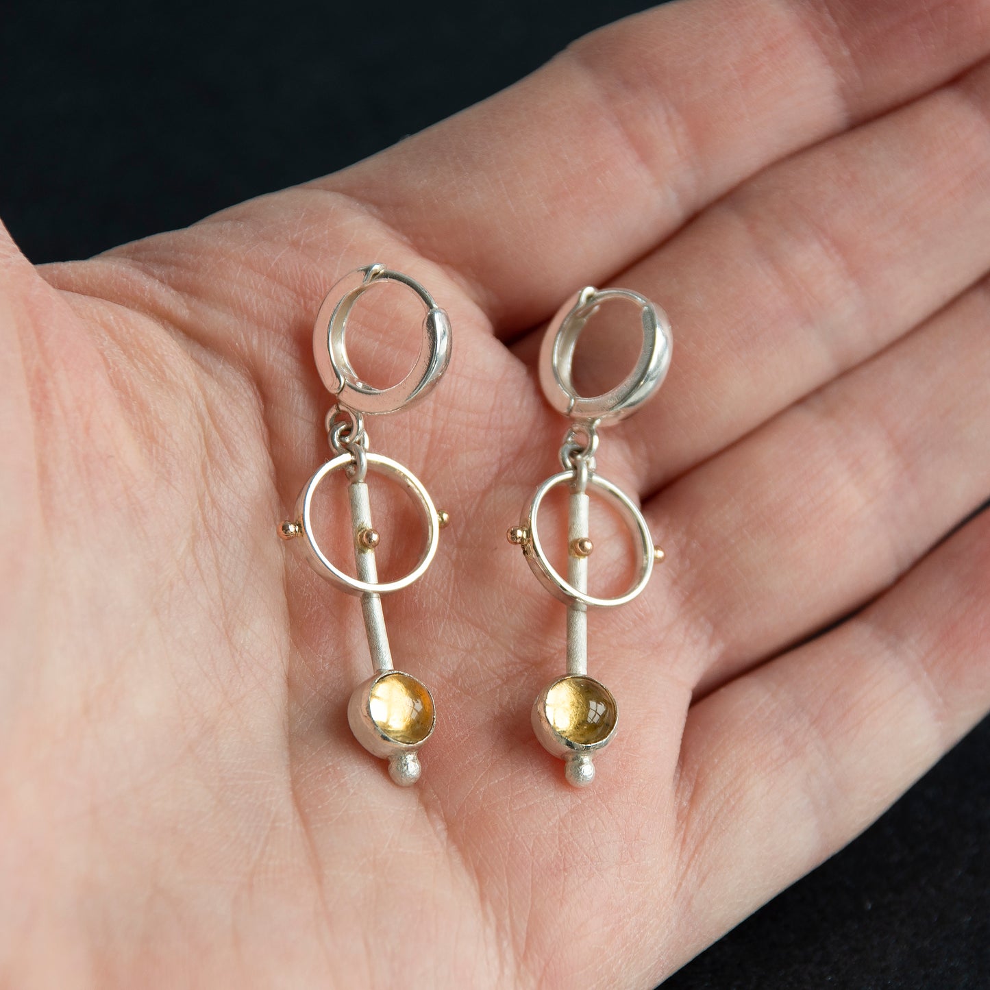 Long Drop Minimalist Earrings With Citrine Stone And Gold Beads
