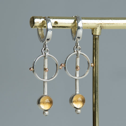 Long Drop Minimalist Earrings With Citrine Stone And Gold Beads