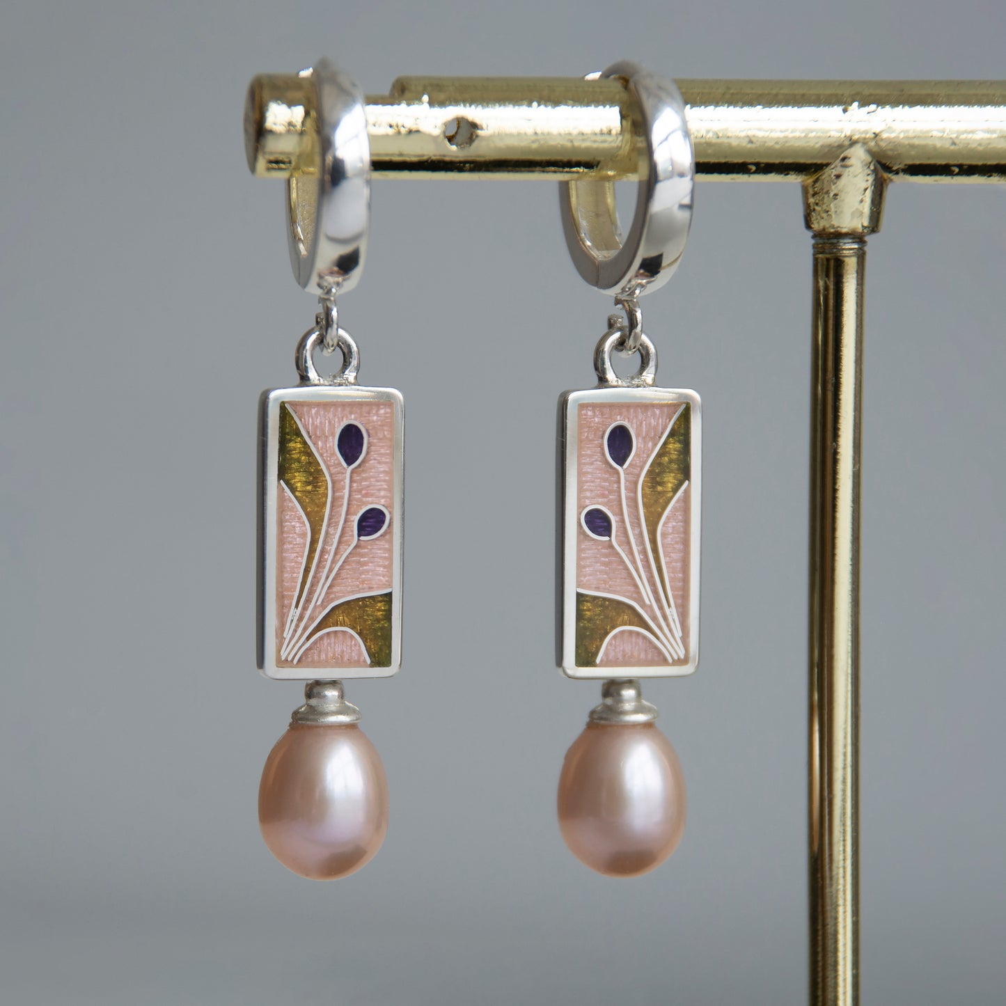 Pink Enamel Cloisonné Enamel Earrings With Rose Pearls