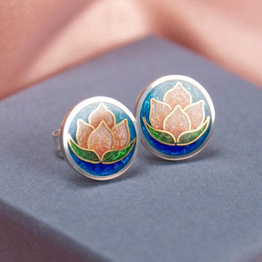 Gold Cloisonné  Enamel Studs, Round Earrings With Golden Lotus Flower