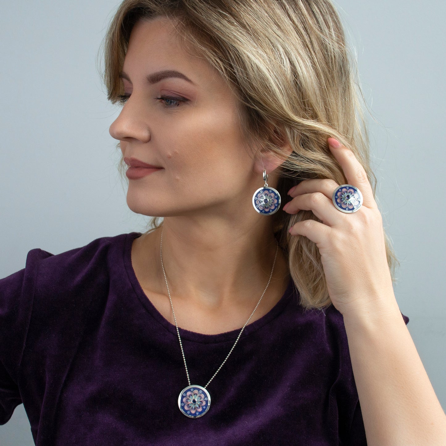 Iolite Purple Mandala Cloisonne Enamel Jewelry Set