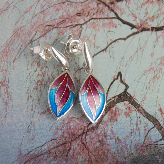 Blue Pink Leaves Cloisonne Enamel Silver Earrings