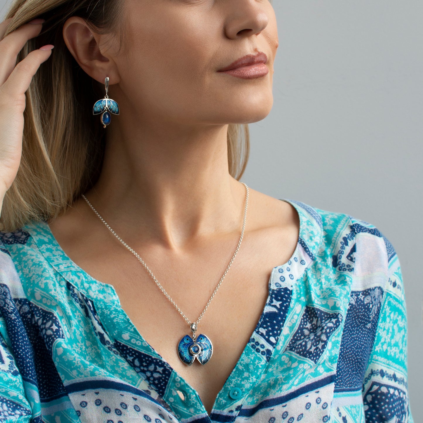 Morpho Butterfly Pendant, Cloisonne Enamel Necklace With Kyanite