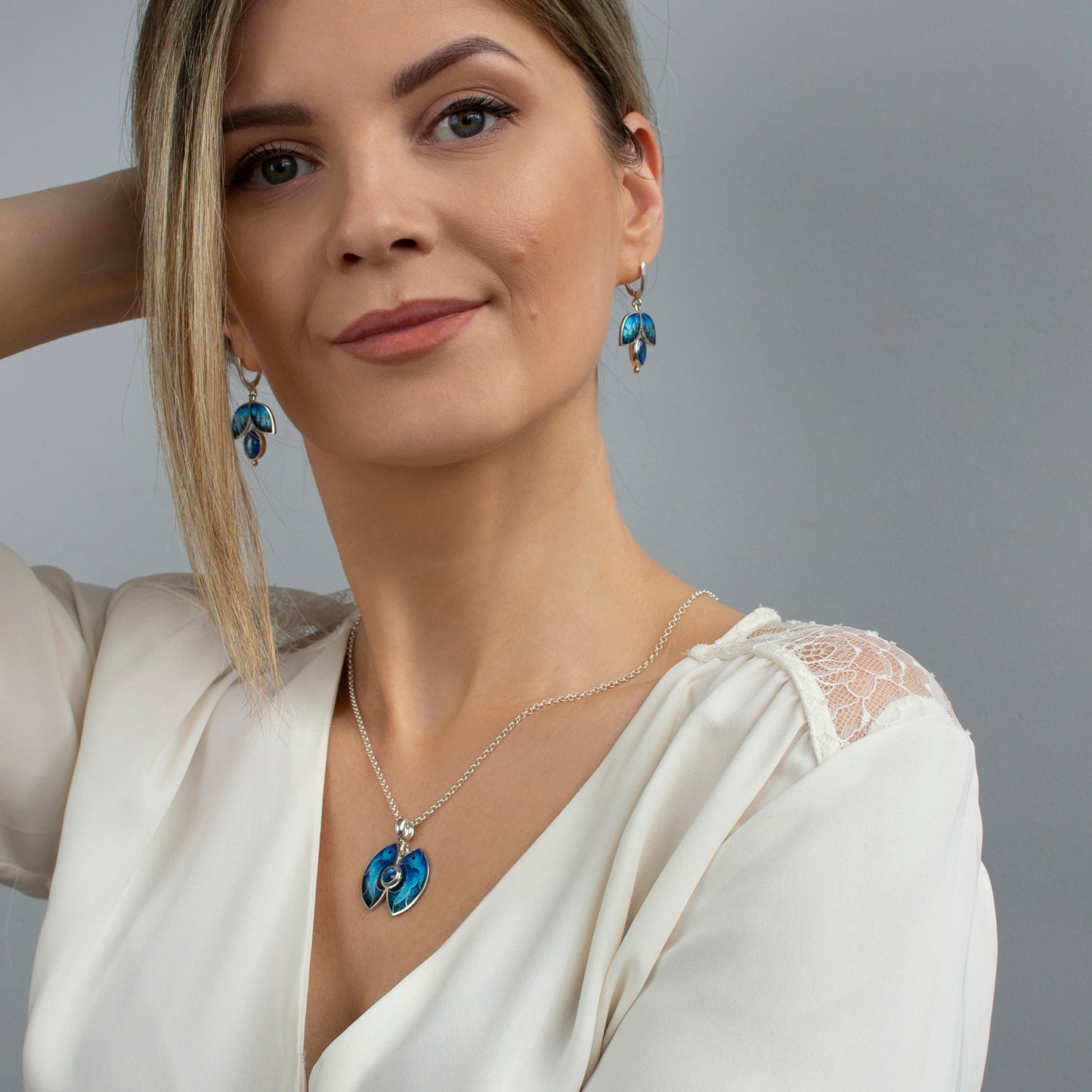 Morpho Butterfly Pendant, Cloisonne Enamel Necklace With Kyanite